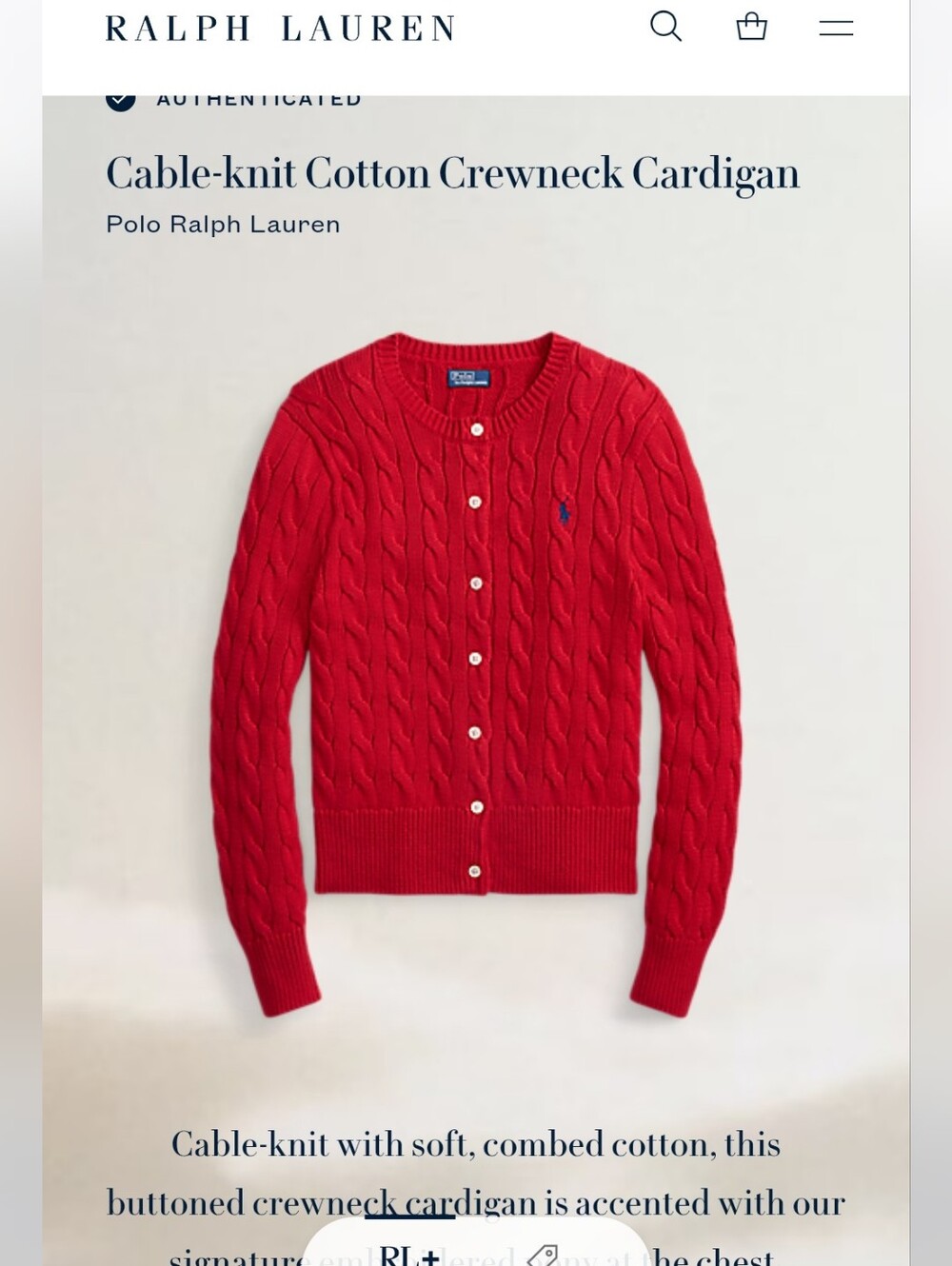 Women Polo Ralph Lauren Cable Knit Cotton Crewneck Cardigan. Size XL. Red. NWT - Picture 3 of 9